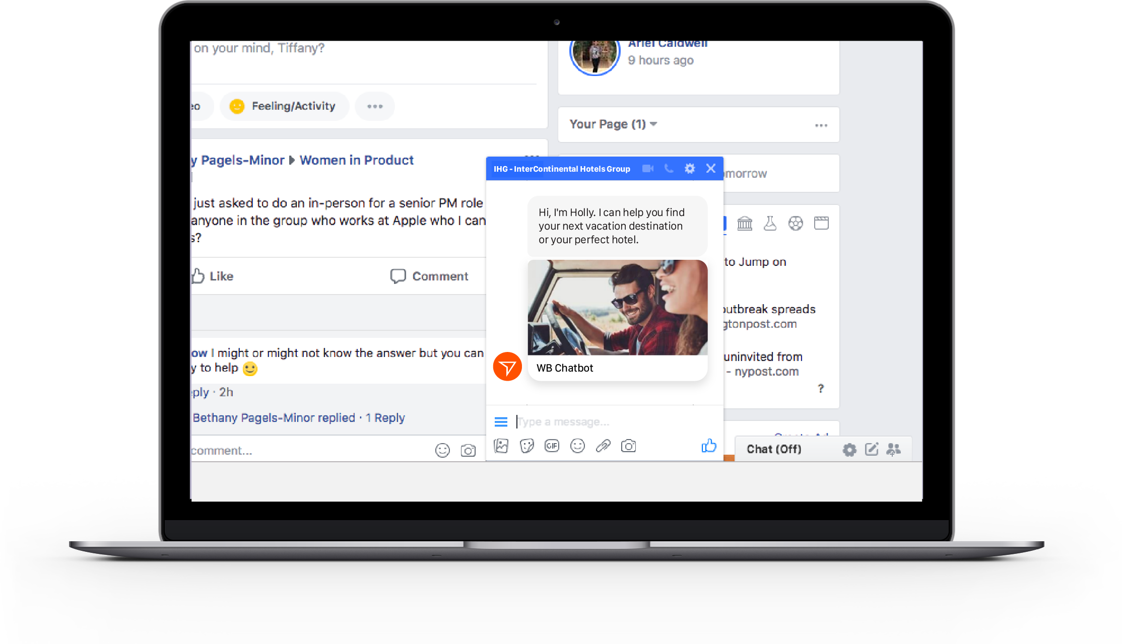 Hi, I'm holly. I can help you find your next vacation destination or your perfect hotel. Screenshot of WayBlazer chatbot in Facebook Messenger