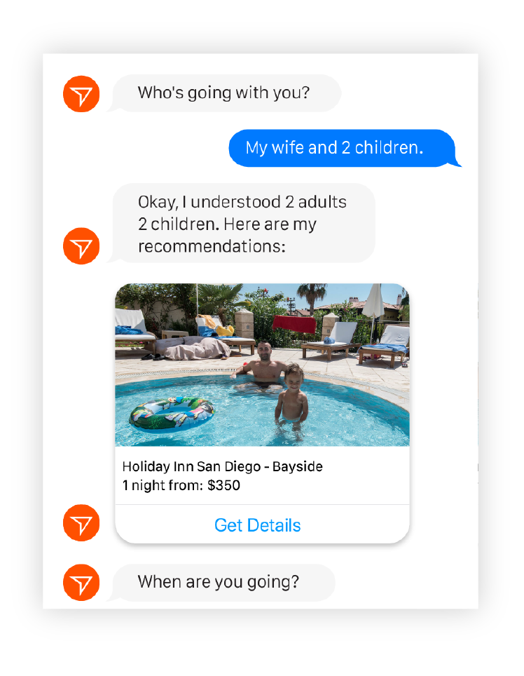 WayBlazer's Facebook Messenger chatbot has meaningful conversations with travelers. Screenshot of chatbot on a mobile device